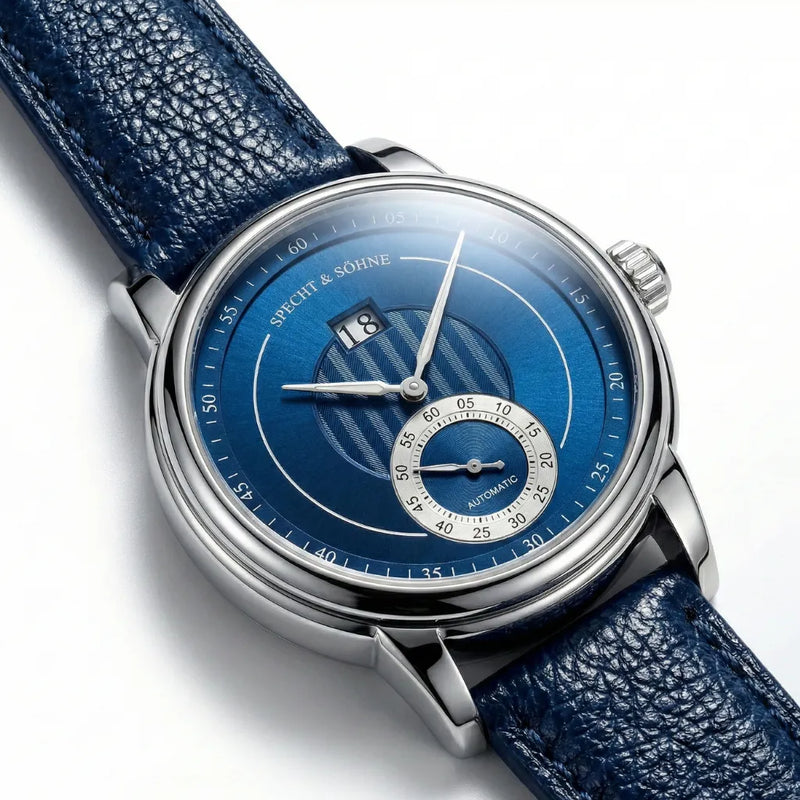 Mostrador azul sunburst do relógio azul masculino Jump Hour com discos de hora e minuto em destaque